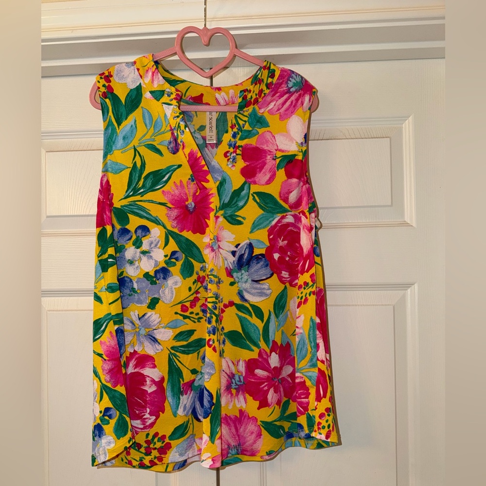 Bright Yellow Floral Sleeveless V-Neck Blouse